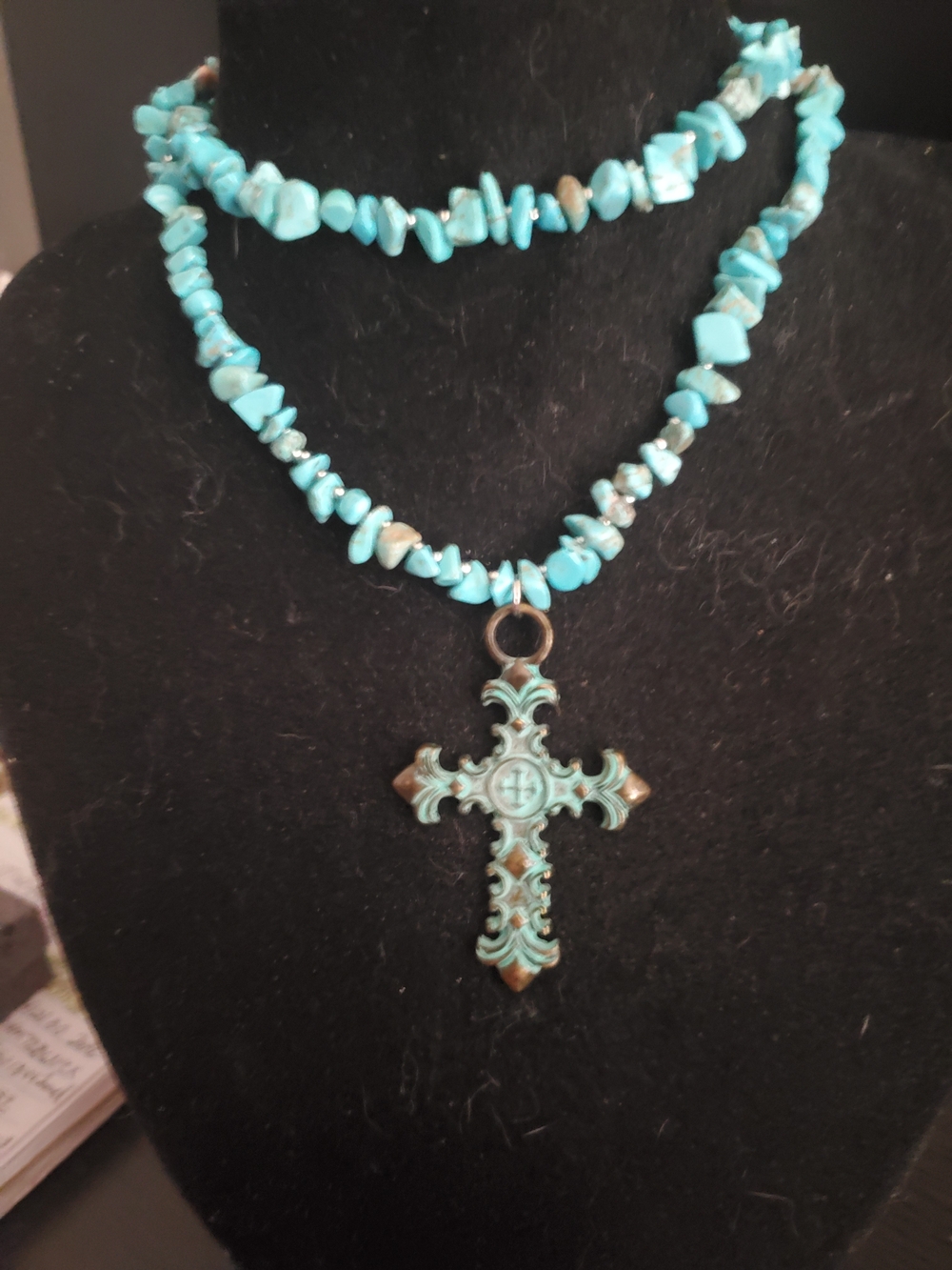 Turquoise Chip Necklace with Ornate Cross Pendant - Women Jewelry